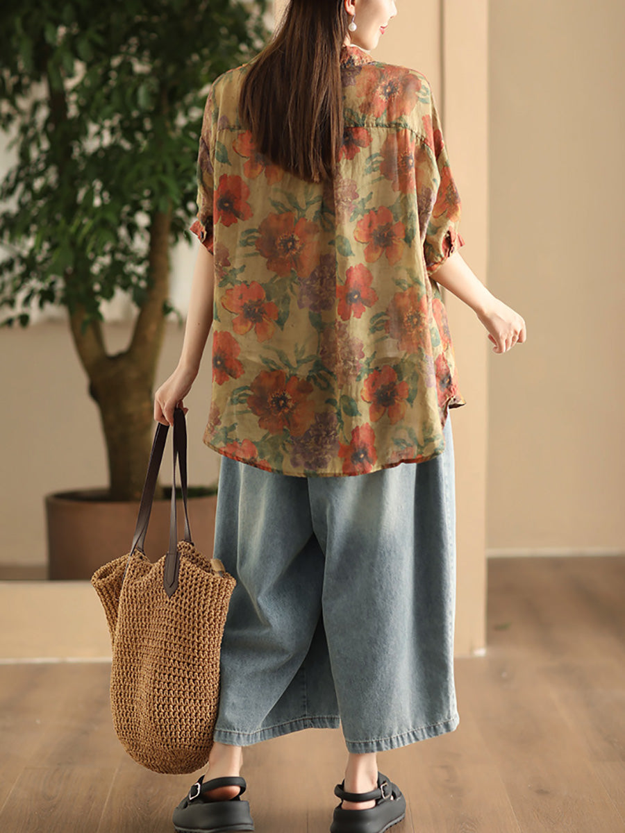 Women Summer Vintage Flower Patch Spliced Ramie Shirt FD039 BUYKUD