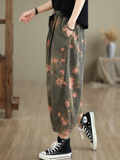 Women Summer Vintage Flower Denim Harem Pants LL034 BUYKUD