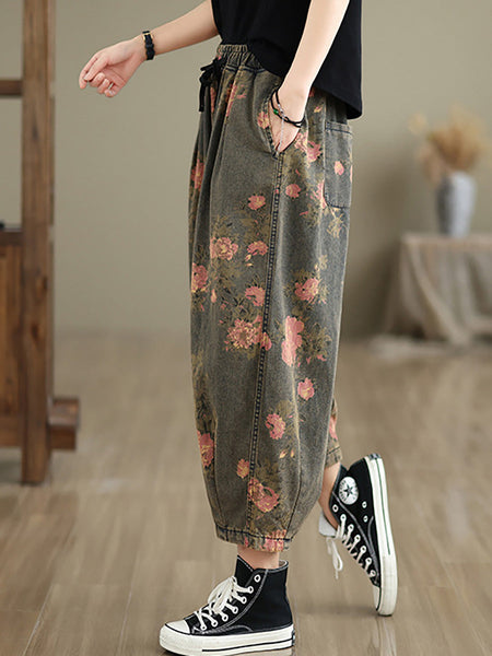 Women Summer Vintage Flower Denim Harem Pants LL034 BUYKUD