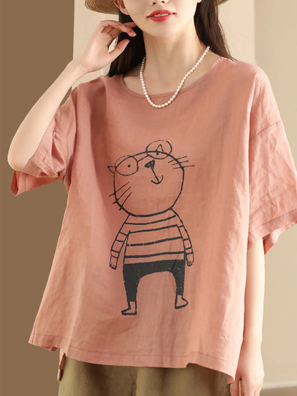 Women Summer Cartoon Cat Print Ramie Pullover Shirt OO1034 BUYKUD