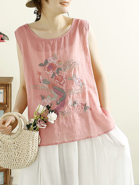 Women Vintage Flower Embroidery Ramie Summer Vest WE1022 Ada Fashion