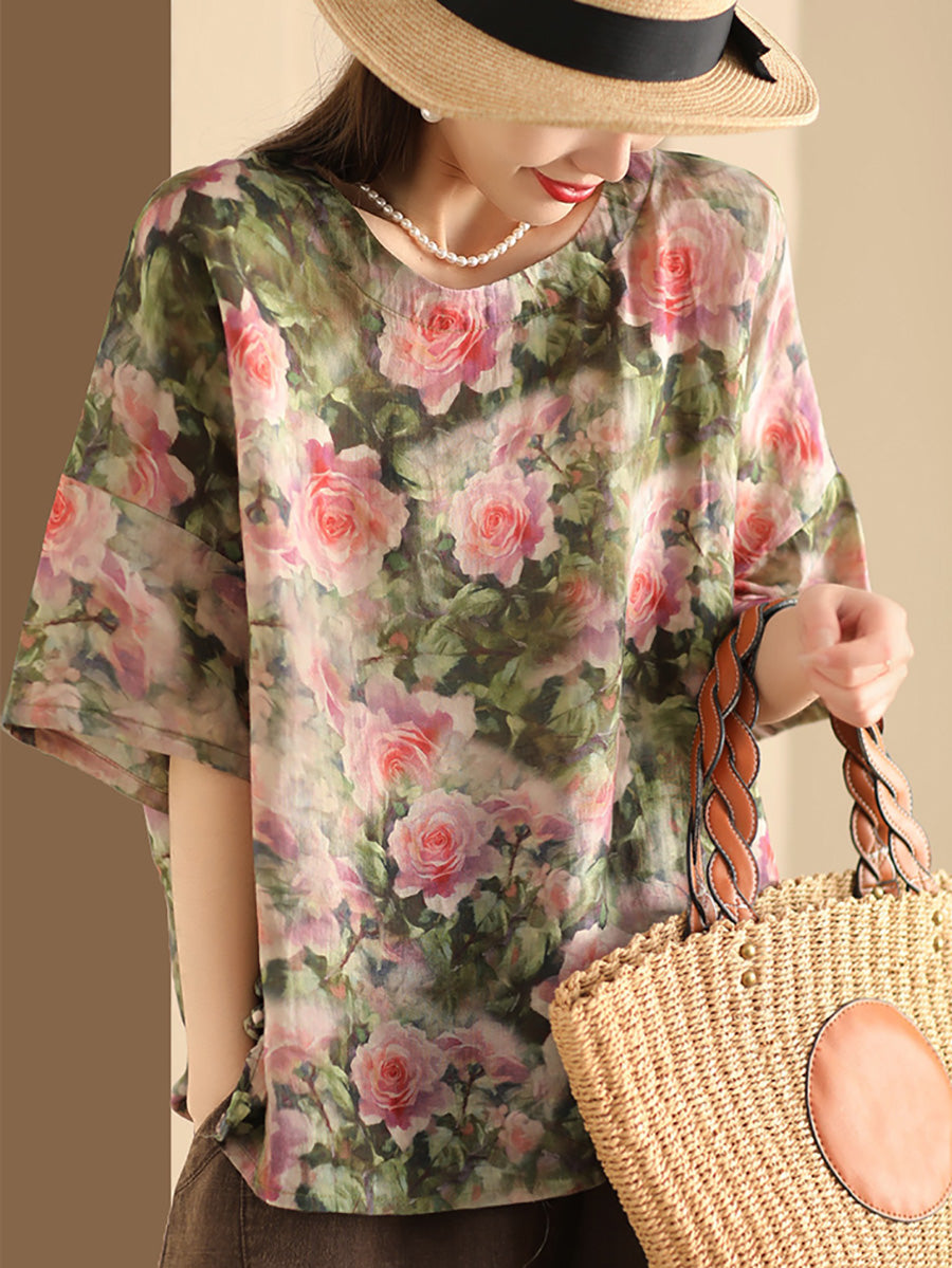 Women Artsy Floral Summer Ramie Pullover Shirt KL1016 Ada Fashion