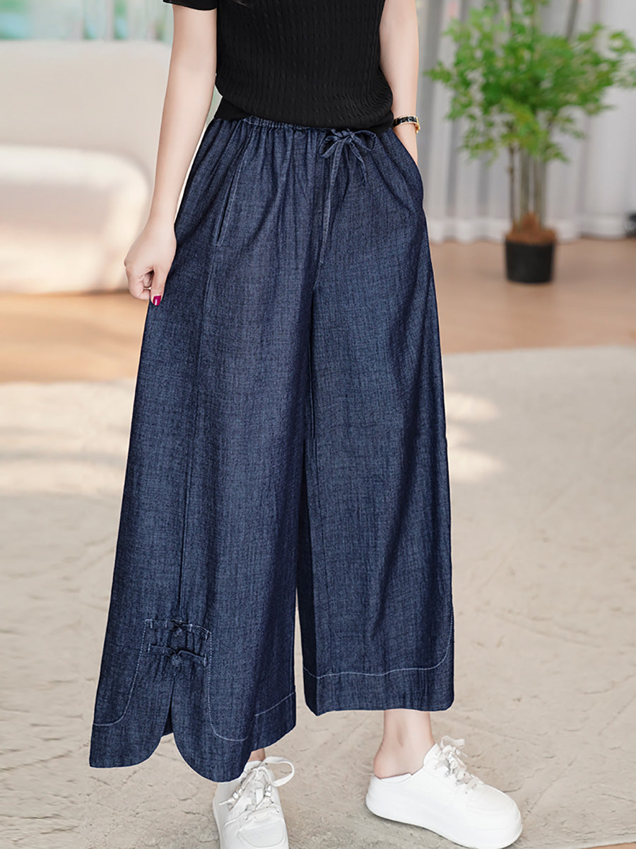 Women Summer Vintage Buckle Wide-leg Denim Pants CX031 DYL