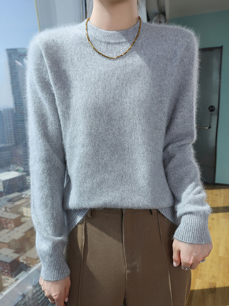 Women Autumn Casual O-Neck Soft 100%Wool Sweater QU030 BK