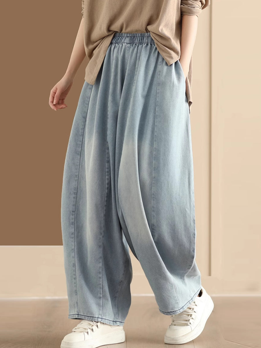 Women Vintage Washed Spliced Denim Wide-leg Pants QW1007 Ada Fashion