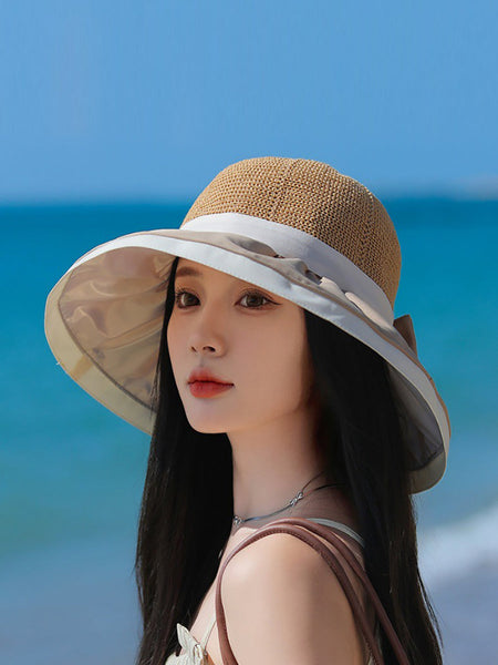 Women Summer Colorblock Large Brim Bowknot Hat WE1003 Ada Fashion