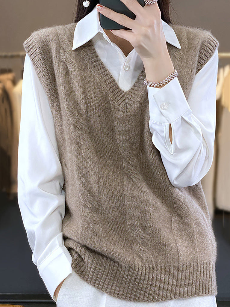 Women Casual Autumn Wool V-Neck Cable Knit Vest QN024 BUYKUD