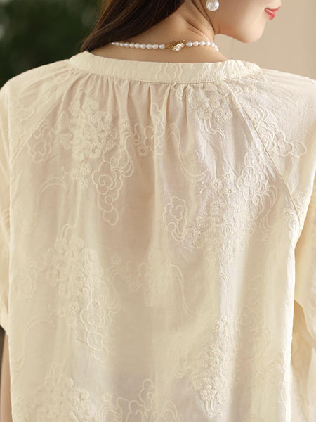 Women Artsy Solid Jacquard Shirred Cotton Loose Shirt XX1018 Ada Fashion