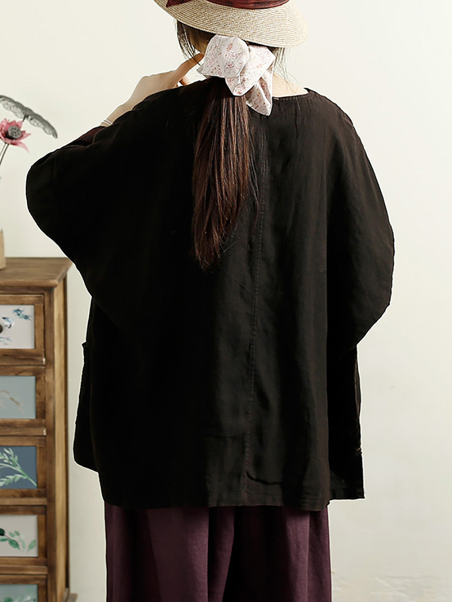 Plus Size Women Vintage Solid V-Neck 100%Linen Blouse AK1006 Genistyle Shop