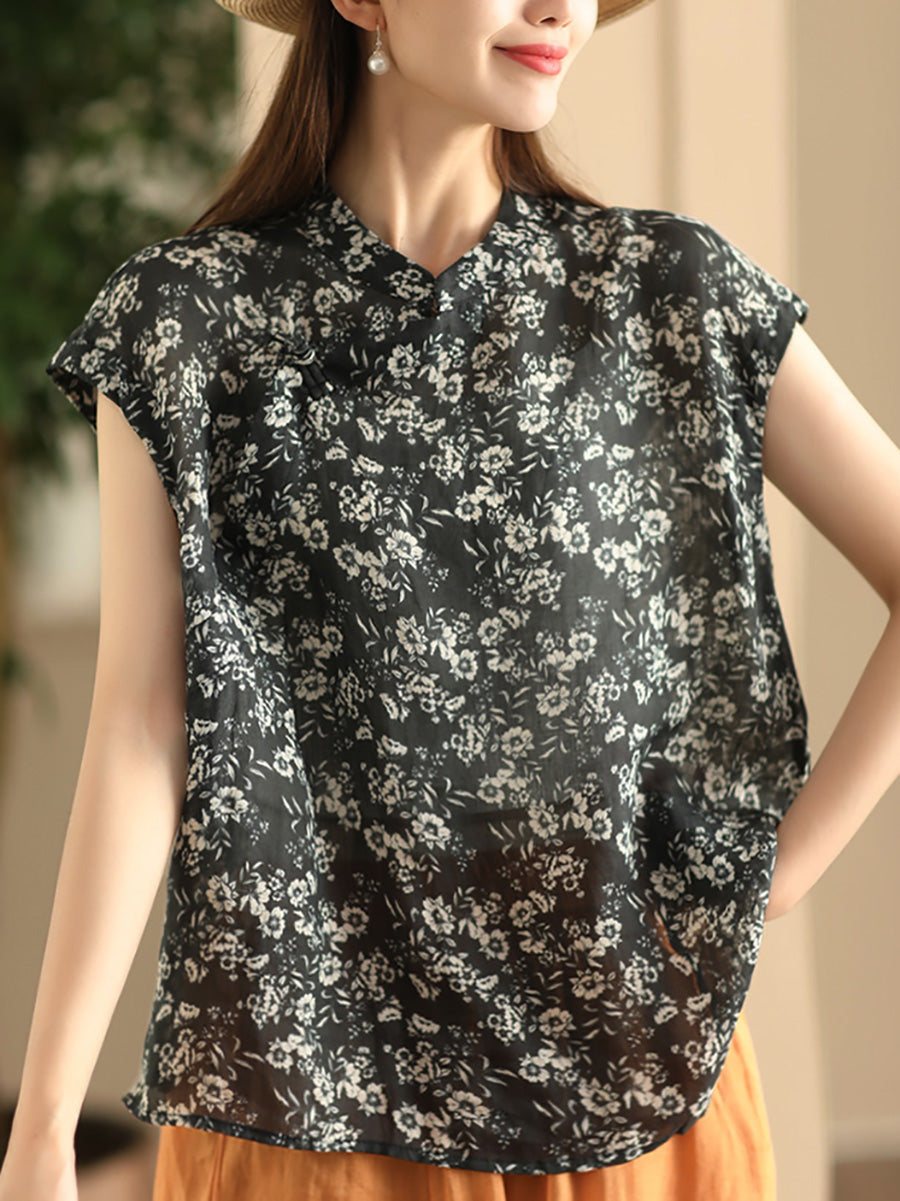 Women Summer Vintage Floral Stand Collar Ramie Shirt FD045 BUYKUD