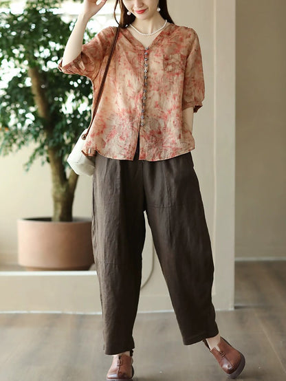 Women Vintage Floral Summer Button-Up Ramie Shirt XX1042 Ada Fashion