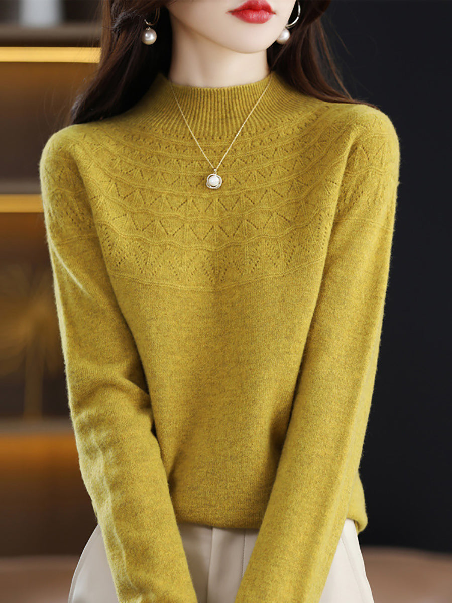 Women Autumn Solid Cable Knit 100%Wool Half Turtleneck Sweater QN017 BK