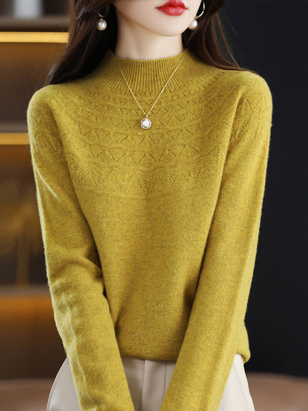 Women Autumn Solid Cable Knit 100%Wool Half Turtleneck Sweater QN017 BK