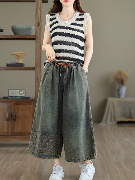 Women Summer Casual Embroidery Wide-leg Denim Pants CC010 ZMFS