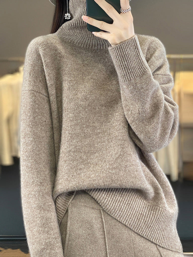 Women Autumn Casual Turtleneck Solid 100%Wool Sweater QU012 BK