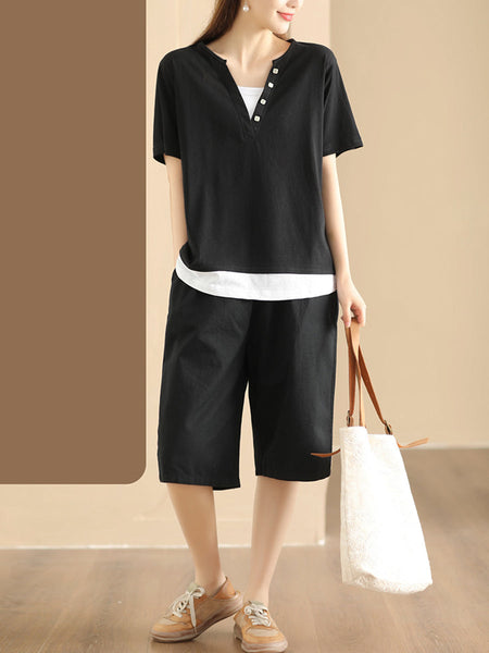 Women Casual Colorblock Pullover V-Neck Cotton Shirt AS1001 Ada Fashion