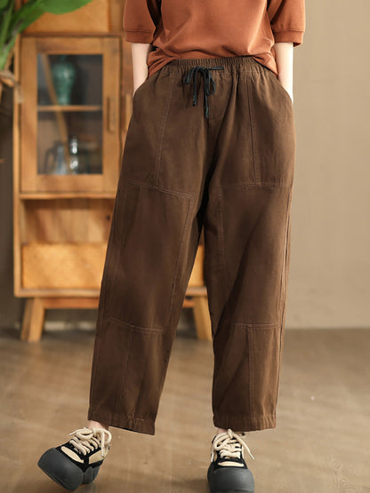 Women Autumn Vintage Solid Spliced Pocket Harem Pants AI1030 BUYKUD