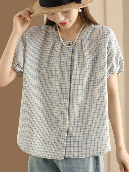 Women Summer Artsy Plaid Loose Cotton Shirt CV1007 Ada Fashion