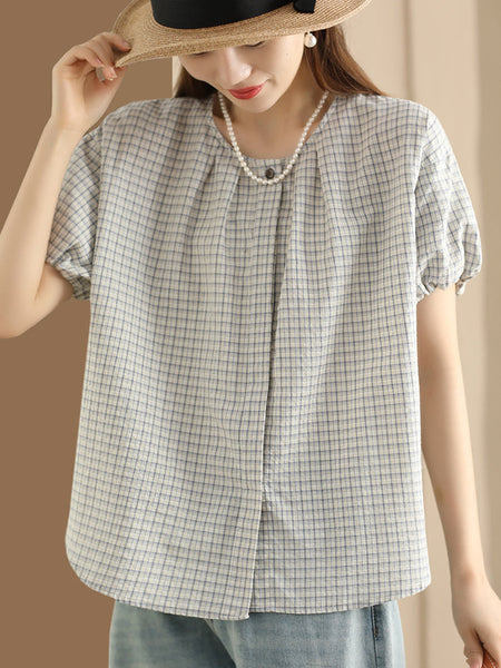 Women Summer Artsy Plaid Loose Cotton Shirt CV1007 Ada Fashion