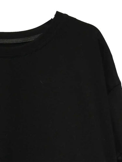 Denim Street Patchwork Sleeve White Short T-Shirt O-neck Hem FashionChic