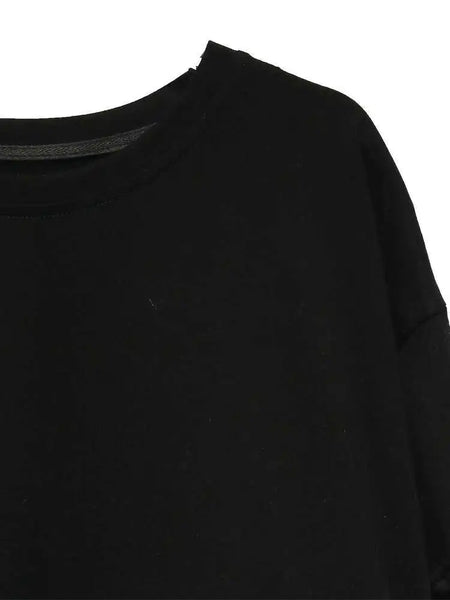 Denim Street Patchwork Sleeve White Short T-Shirt O-neck Hem FashionChic