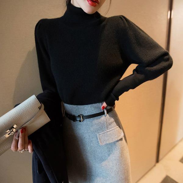 Elegant Black Turtleneck Long Puff Sleeve Knit Sweater TW001 ABC