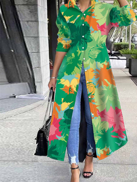 Elegant Floral Print Tunic - Long Sleeve Button Front Top, Durable & Stretch Fabric, Perfect for Any Season Furdela