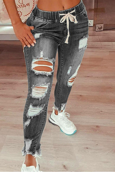 Fashion Casual Solid Ripped Mid Waist Regular Jeans GJ008 Furdela
