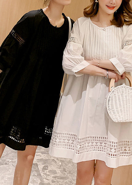 Loose White O-Neck Wrinkled Hollow Out Mid Dress Fall EE040 shopify