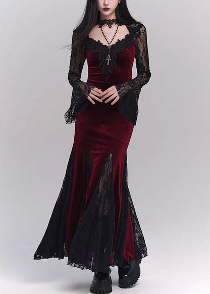 Silk Bohemian Dresses Patchwork Velvet Black Hollow Lace Maxi Out FashionChic