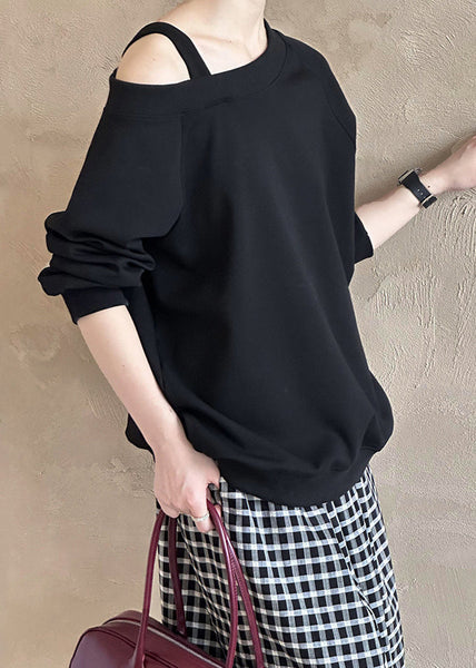 Women Black Cold Shoulder Solid Cotton T Shirts Fall AF1094 HS-LTP240914