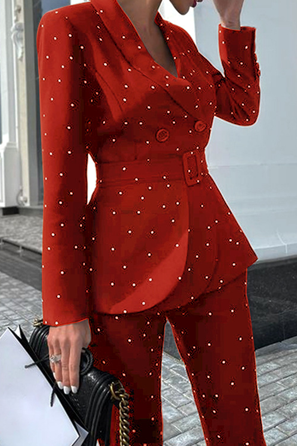 Elegant Polka Dot Buckle With Belt Turndown Collar Long Sleeve Two Pieces RH8511