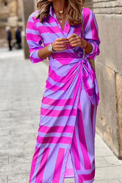 Fashion Print Patchwork Turndown Collar Shirt Dress Dresses YE8522