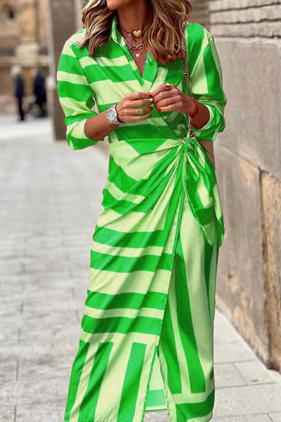 Fashion Print Patchwork Turndown Collar Shirt Dress Dresses YE8522