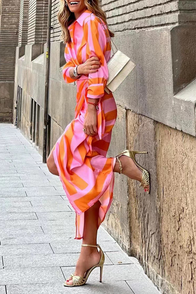 Fashion Print Patchwork Turndown Collar Shirt Dress Dresses YE8522