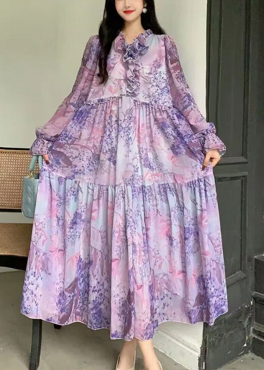 Fantasy Purple Print Patchwork Ruffled Long Sleeve Dress AZ1005 shopify