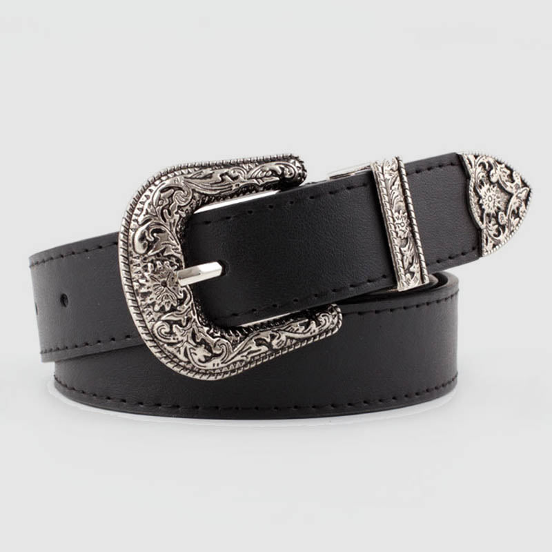 Wisherryy Western Vintage Carved Buckle Basic Belt Furdela