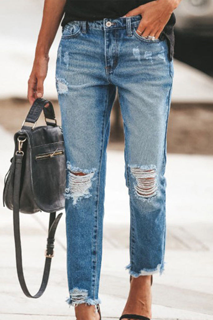 Street Solid Ripped Mid Waist Loose Denim Jeans Furdela