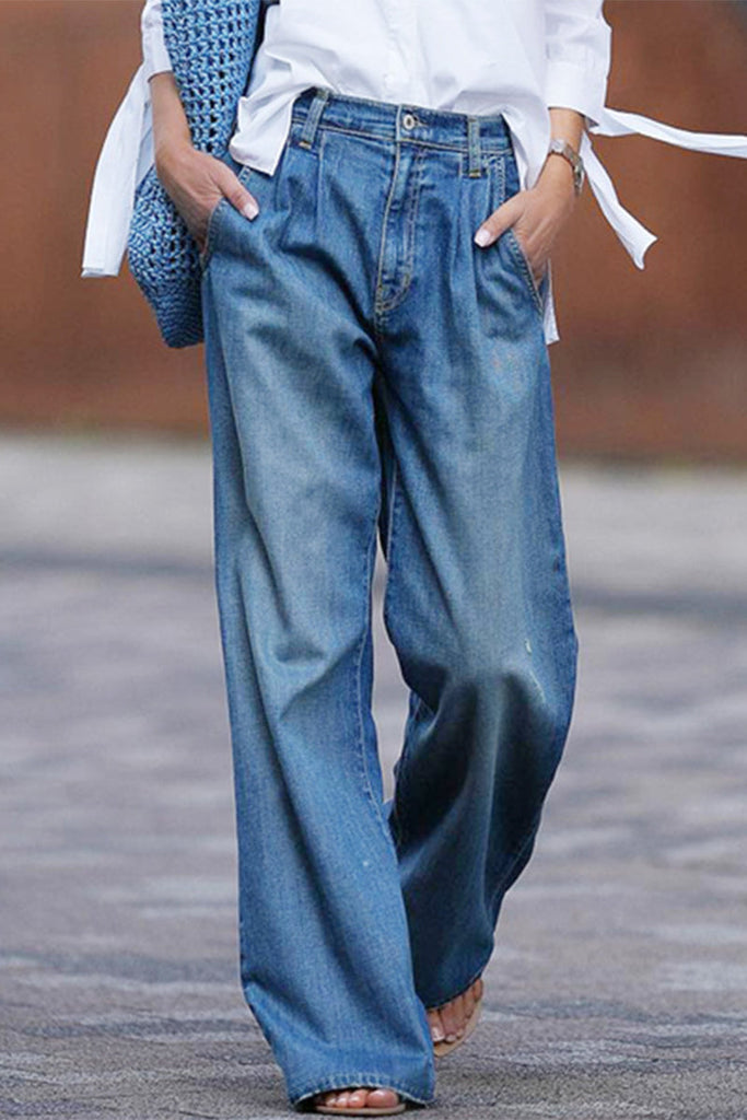 Casual Street Solid Pocket High Waist Loose Denim Jeans Furdela