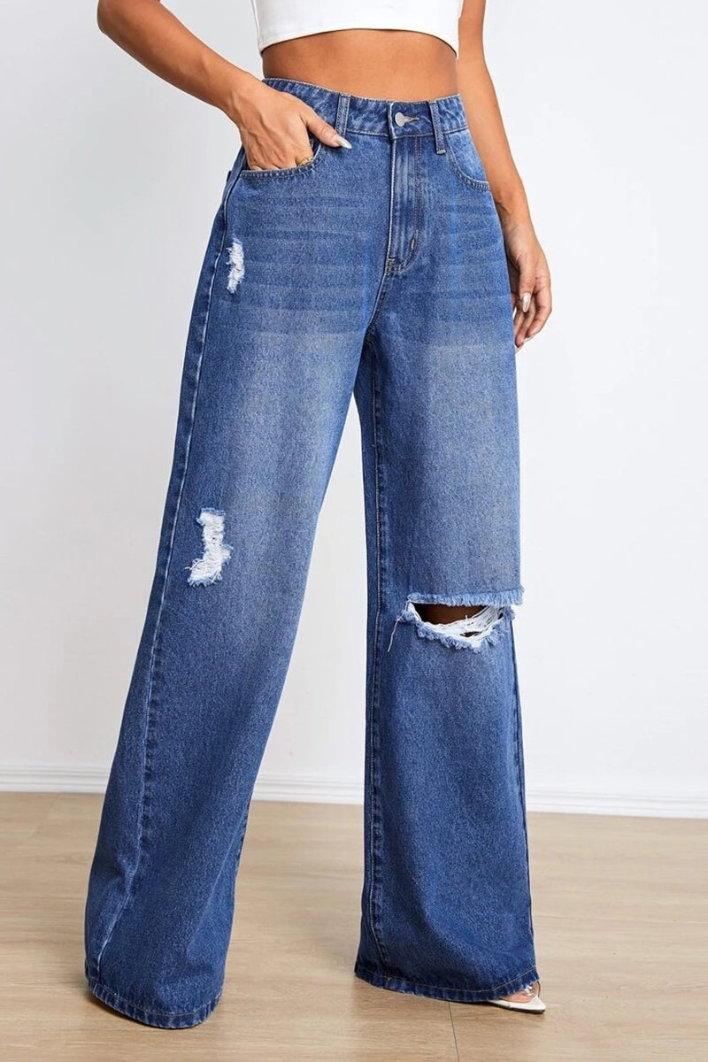 Casual Street Solid Ripped Loose Denim Jeans GJ007 Furdela