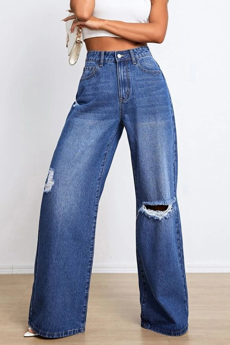 Casual Street Solid Ripped Loose Denim Jeans GJ007 Furdela