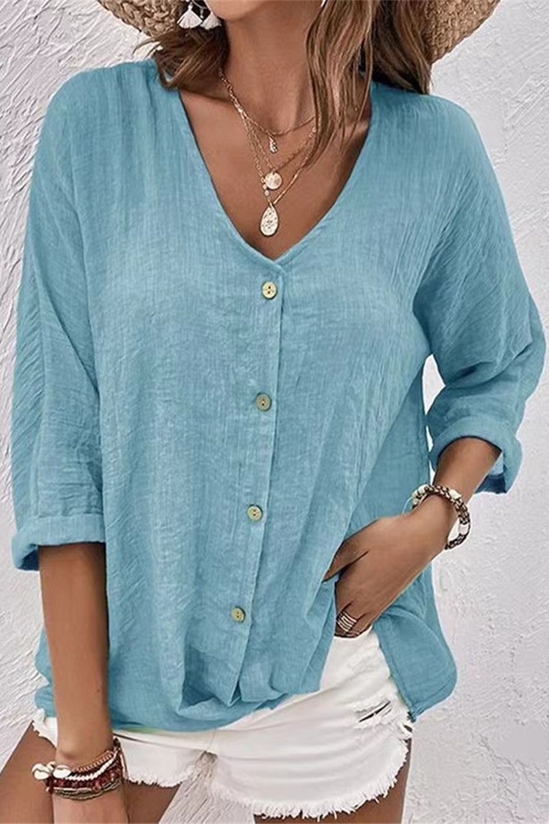 Simplicity Solid Buttons V Neck Tops GJ0010 Furdela