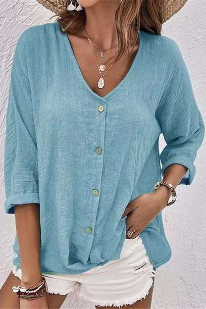 Simplicity Solid Buttons V Neck Tops GJ0010 Furdela