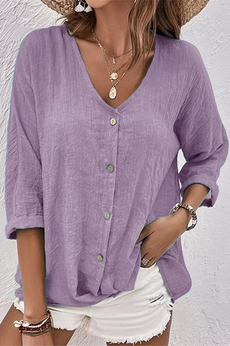 Simplicity Solid Buttons V Neck Tops GJ0010 Furdela