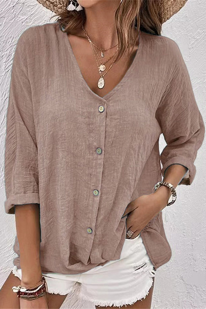 Simplicity Solid Buttons V Neck Tops GJ0010 Furdela