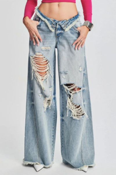 Casual Solid Ripped Patchwork Mid Waist Regular Denim Jeans (Subject To The Actual Object) Furdela