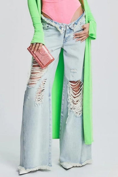 Casual Solid Ripped Patchwork Mid Waist Regular Denim Jeans (Subject To The Actual Object) Furdela