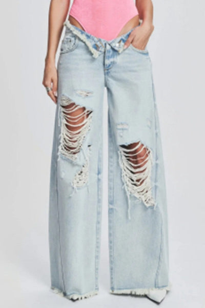 Casual Solid Ripped Patchwork Mid Waist Regular Denim Jeans (Subject To The Actual Object) Furdela