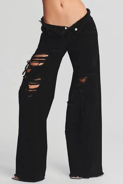 Casual Solid Ripped Patchwork Mid Waist Regular Denim Jeans (Subject To The Actual Object) Furdela