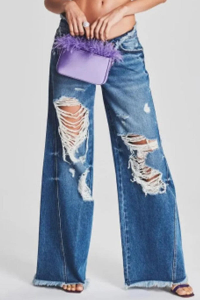 Casual Solid Ripped Patchwork Mid Waist Regular Denim Jeans (Subject To The Actual Object) Furdela